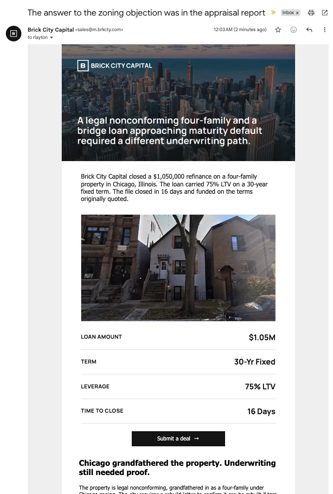 Deal review email, subject line: the answer to the zoning objection was in the appraisal report