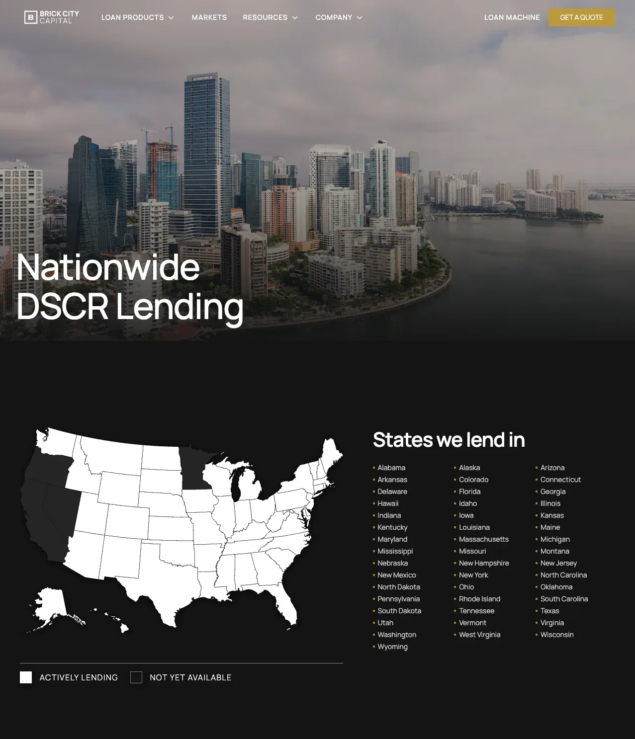 Brick City Capital markets page: interactive lending map and the states we lend in