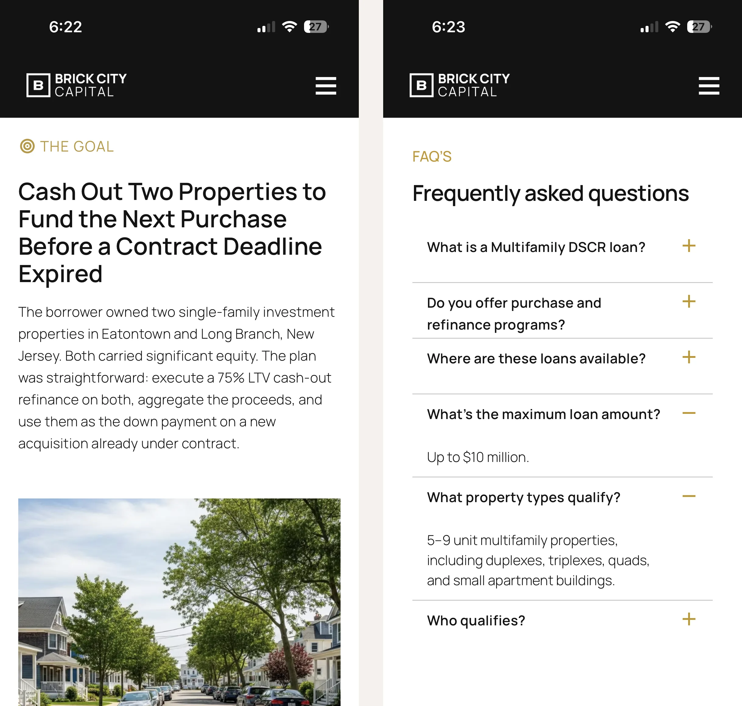 Brick City Capital on a phone: a deal review page and the FAQ accordion