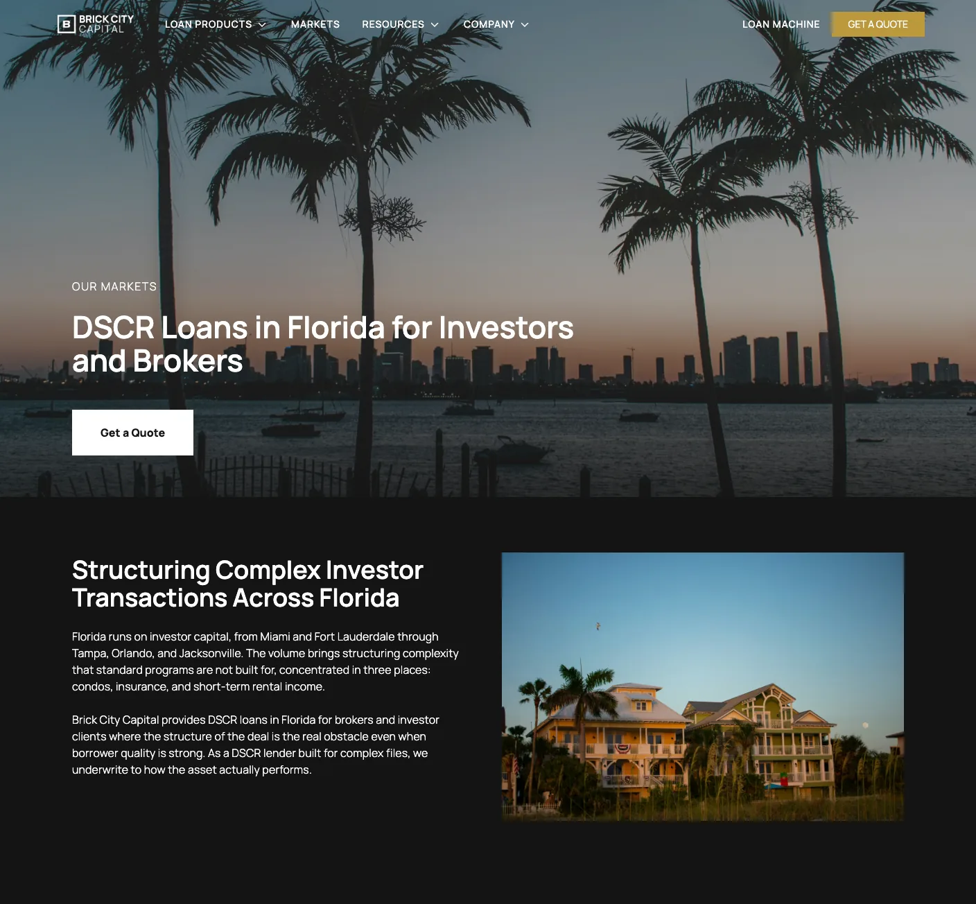 Brick City Capital Florida market page: hero and the section on structuring complex investor transactions across Florida