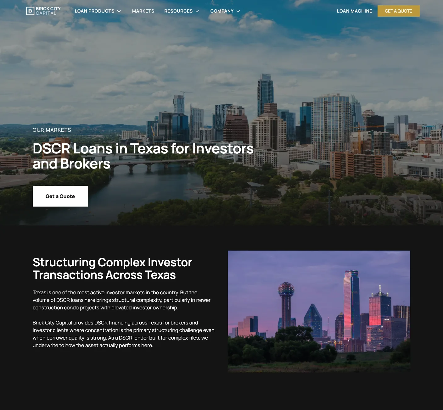 Brick City Capital Texas market page: hero and the section on structuring complex investor transactions across Texas