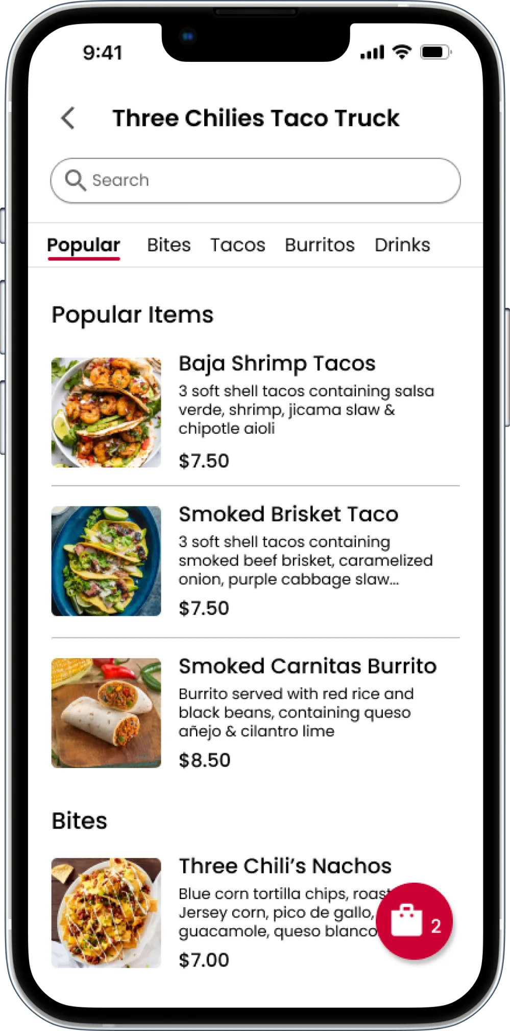 Menu with category tabs