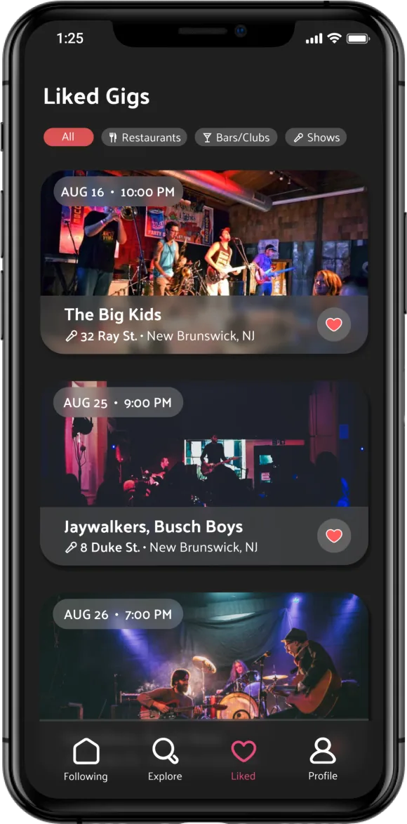 Liked gigs screen