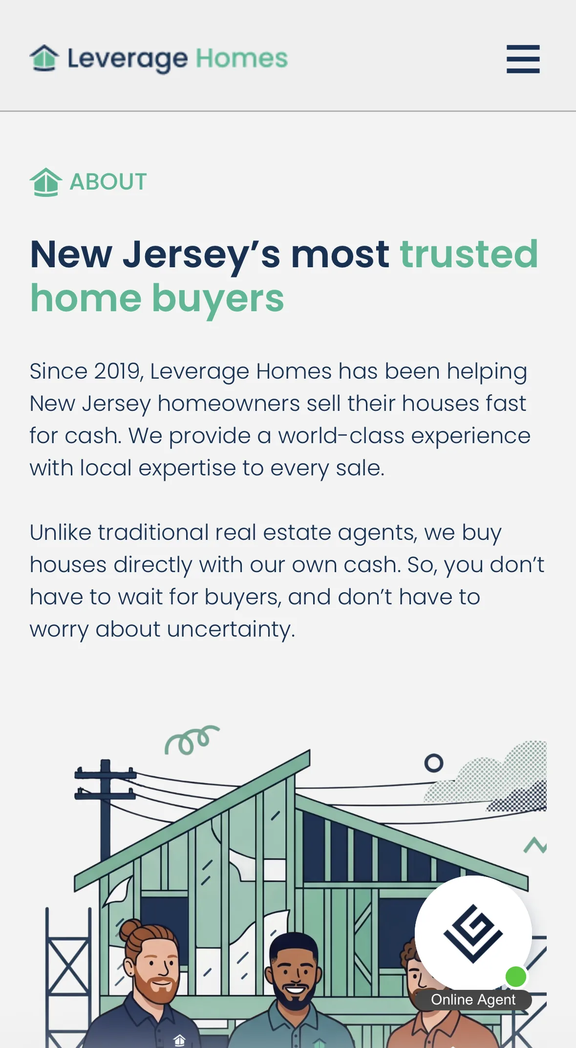 Leverage Homes About page at the mobile breakpoint