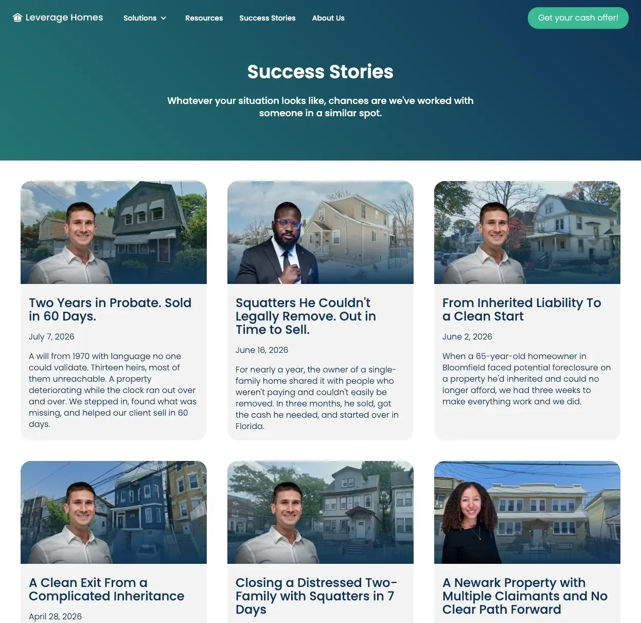 Leverage Homes Success Stories page of real seller case studies