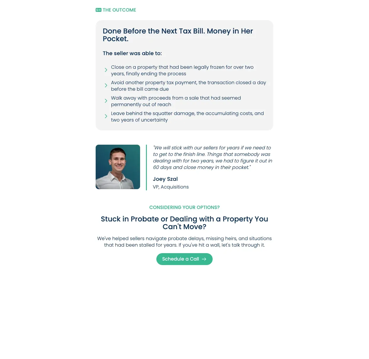 Success story outcome and closing quote from the VP of Acquisitions