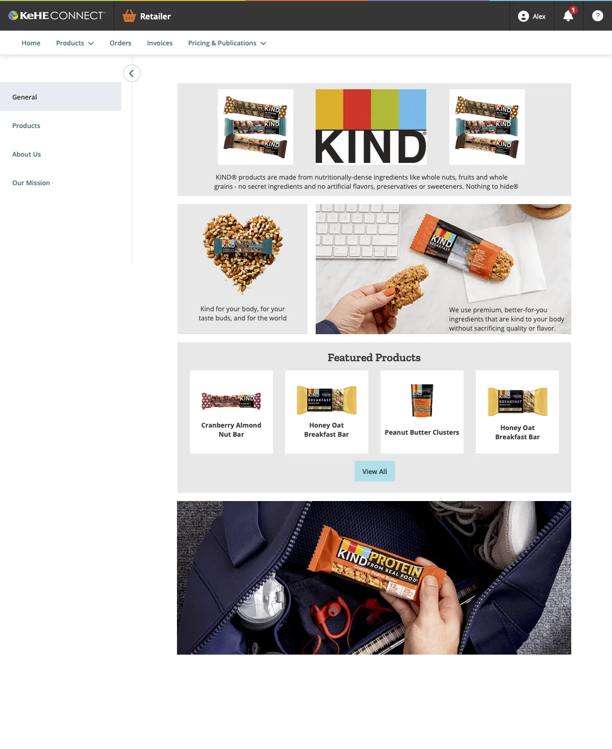 Brand store page, general tab, showing KIND's brand identity and featured products