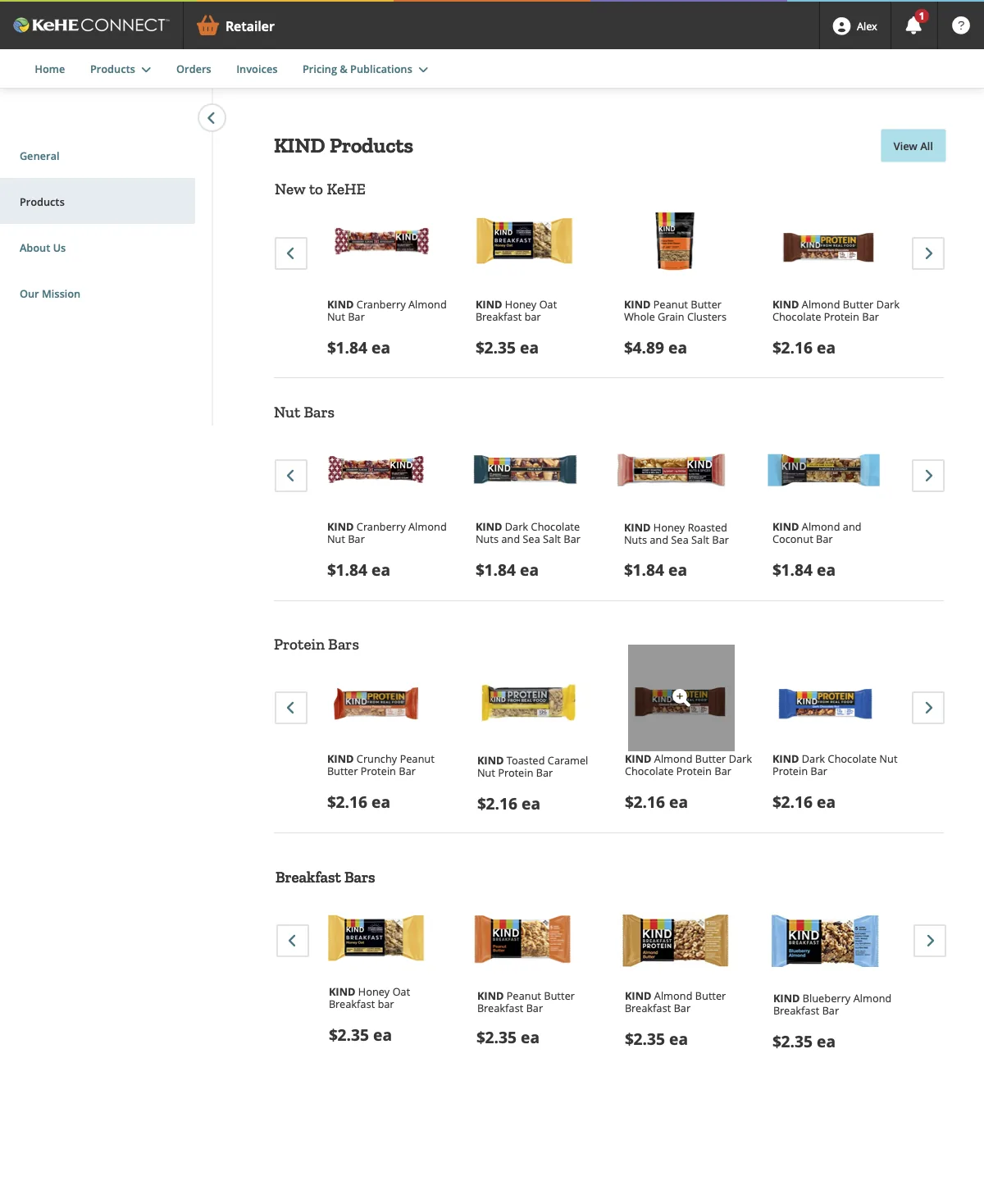 Brand store page, products tab, showing KIND's full catalog grouped by product type